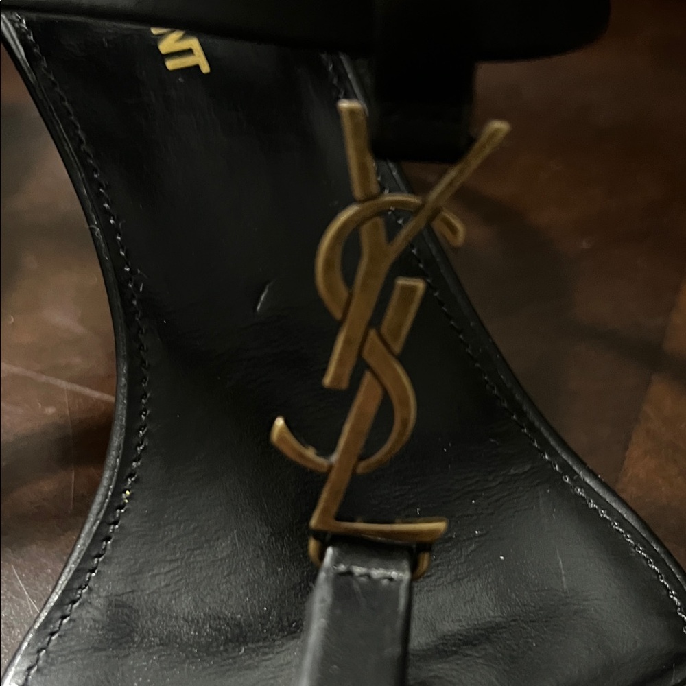 Saint Laurent Black Heeled Sandals with Gold Logo - Picture 2 of 6